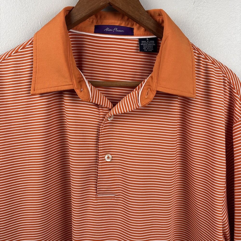 Alan Flusser Orange Striped Polo Mens Large Polyester, Bamboo Charcoal Spandex